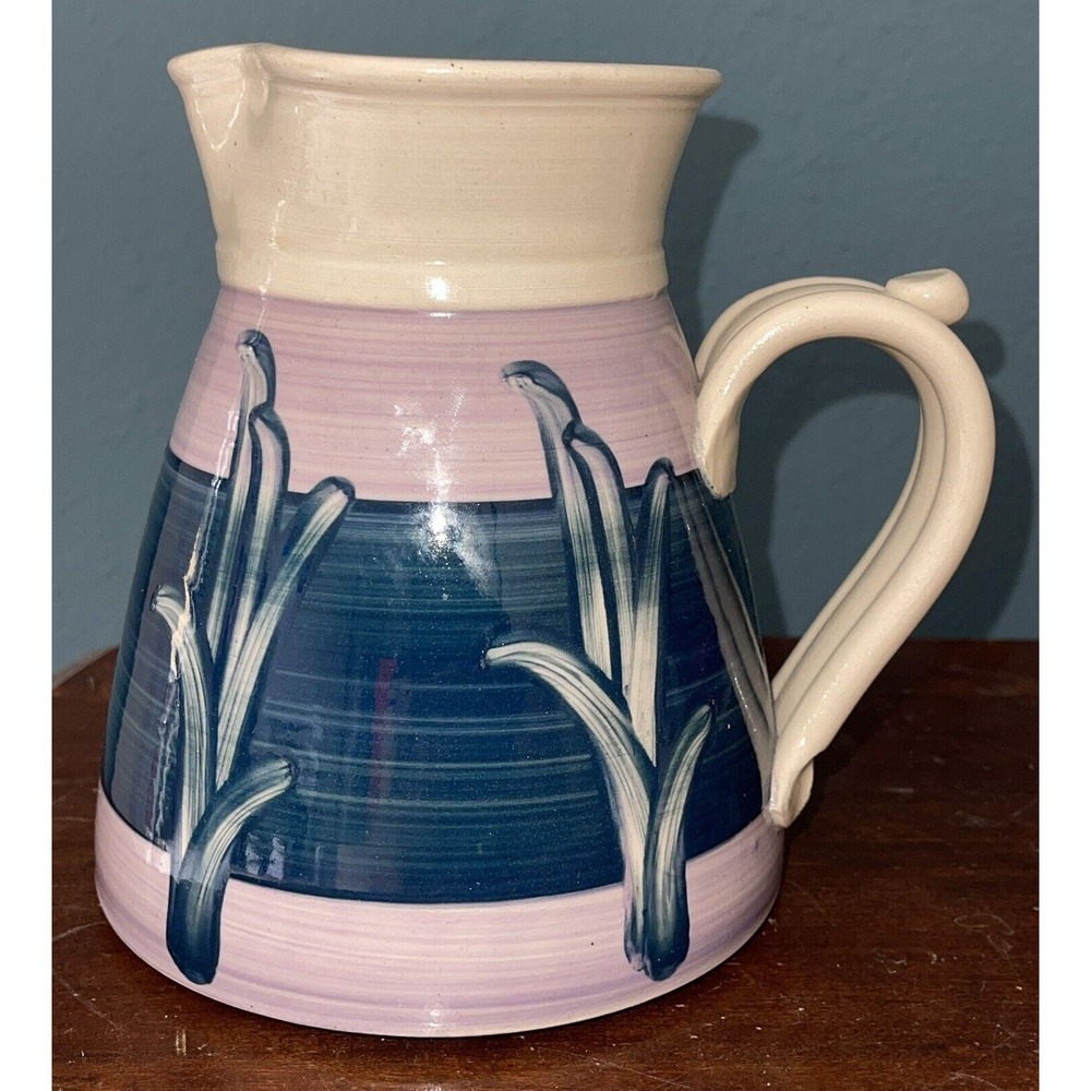 Hand Thrown Hand-Painted Studio Art Pottery Stoneware Pitcher / Creamer Signed‎